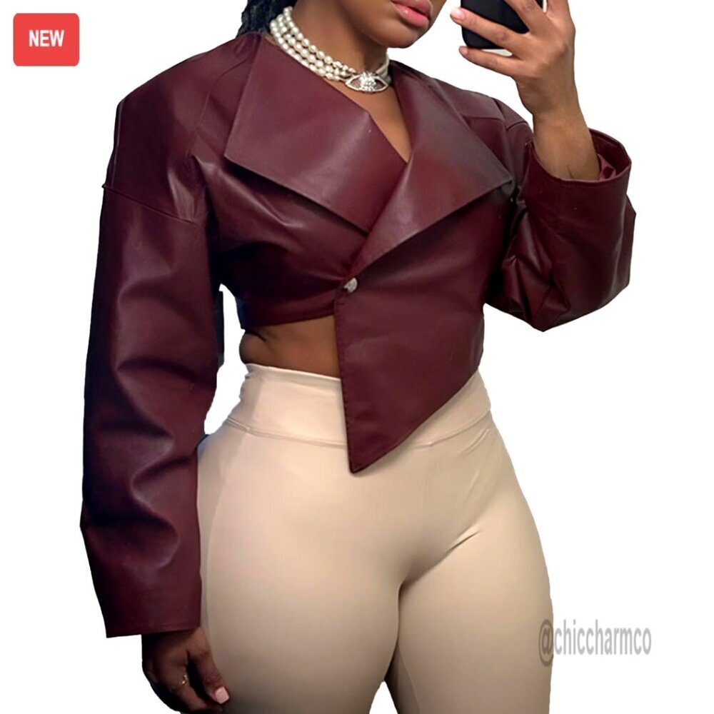 Faux Leather Cropped Jacket Women's Long Sleeve Lapel Button Down PU Coat